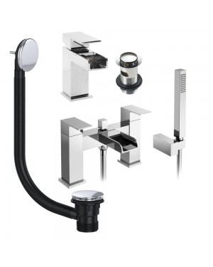 Chrome Waterfall Basin & Bath Shower Mixer Tap Pack Including Bath Waste