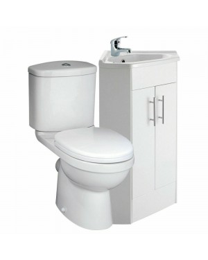 Short Projection Close Coupled WC Toilet & Corner Vanity Unit Cabinet Basin Sink