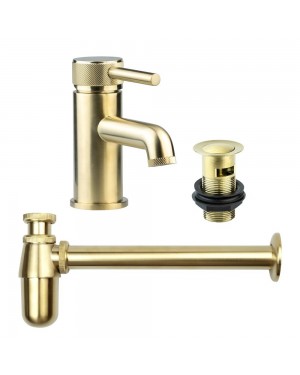 Brushed Brass Gold Basin Mixer Tap, Bottle Trap & Slotted Waste