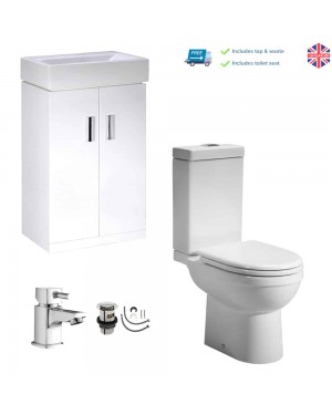 450mm Square Gloss White Vanity Basin Sink Unit Cabinet Close Coupled Pan & Cistern