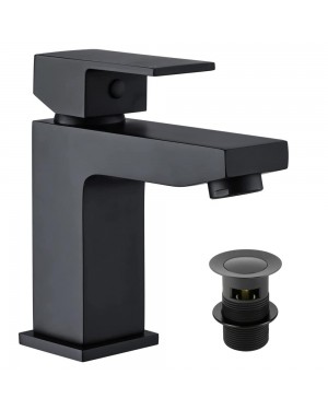 Matt Black Square Modern Bathroom Basin Sink Mixer Tap & Waste (FORM) LARGE