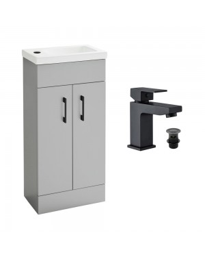 Light Grey 400 Vanity Basin Sink Unit & Black Form Basin Tap Including Black Handles