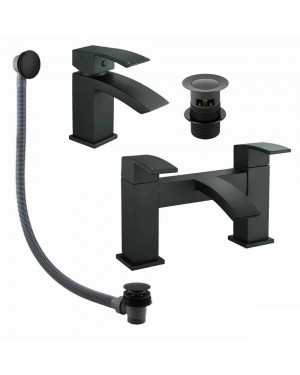 Bathroom Modern Matt Black LUCIA Waterfall Bath Filler/Basin Mixer & Wastes Set