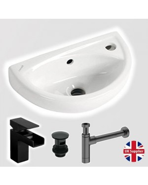 Small Compact Cloakroom Basin Wall Hung Incl Black Tap & Waste & Trap