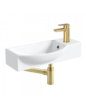 400mm Curved Wall Hung Basin Sink Including Brushed Brass Basin Tap, Waste & Bottle Trap