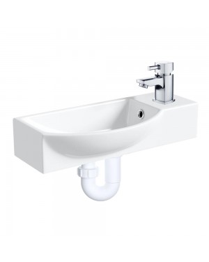 400mm Curved Wall Hung 1 Tap Hole Basin Chrome Hero Tap & Plastic Trap Waste