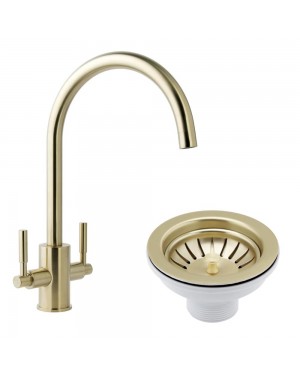 Newbury Brushed Brass Dual Lever Kitchen Sink Mixer & Basket Strainer (No Overflow)