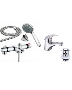 Thermostatic Bath Shower Mixer Tap Including Basin/Sink Mixer Tap & Waste