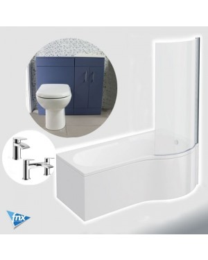 P Shape Right Hand Bathroom Suite in Matt Blue Vanity Unit BTW Pan Square Tap Set