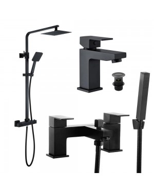 Square Black Thermostatic Overhead Shower Kit & Form Basin & Bath Shower Mixer Tap Pack