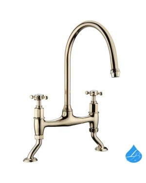 Bridge Kitchen Sink Tap (Swan Neck, Cross Handles) - Gold