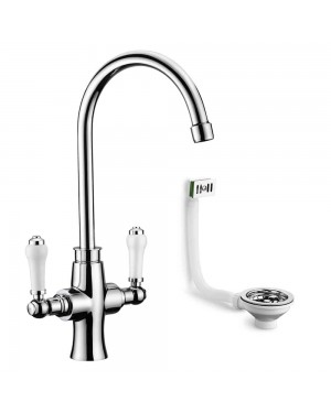 Traditional Kitchen Sink Tap incl Basket Strainer Waste & Overflow Chrome