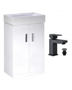 450mm Gloss White 2 Door Floorstanding Vanity Basin Sink Unit & Matt Black Form Tap & Waste