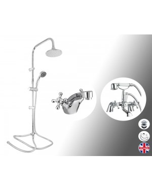 Traditional Bath Shower Mixer Tap With 3 Way Round Rigid Riser Kit & Basin Tap