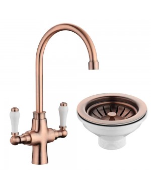 Traditional Kitchen Sink Mixer Tap in Copper Incl Basket Strainer Waste