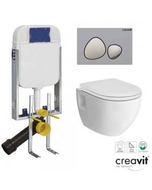 Creavit Wall Hung cistern Frame Dual Flush Plate Push Button & WC Toilet Pan & Soft Close Seat