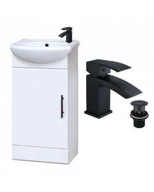 Gloss White 400mm Vanity Basin Bathroom Sink Unit & Matt Black Lucia Waterfall Tap, Waste & Black Handle